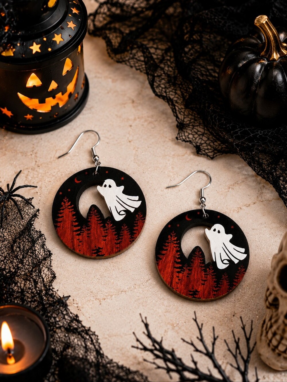 NEW Halloween Ghost Forest Wooden Dangle Earrings‎ Spooky Fall Jewelry
